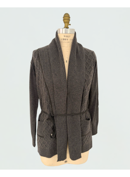 LATTICE DETAIL CARDIGAN: 100% CASHMERE:  ANTHRACITE