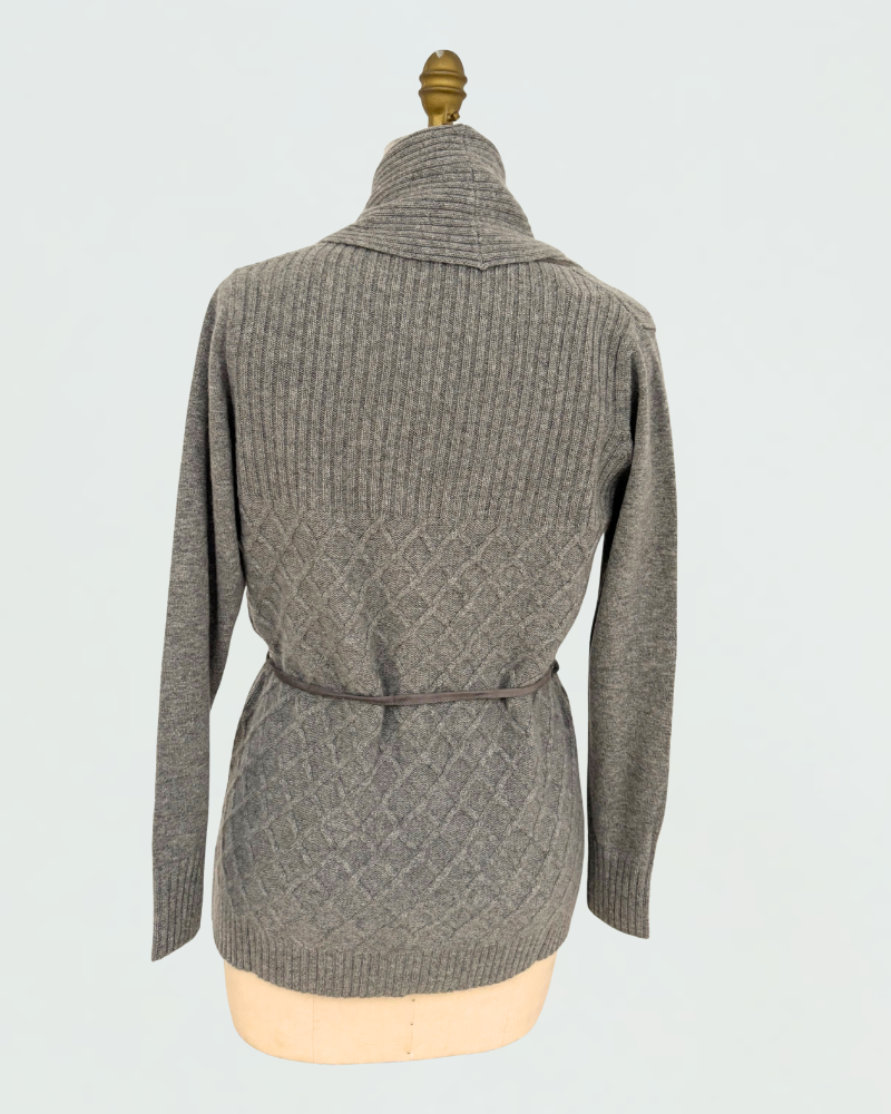 LATTICE DETAIL CARDIGAN: 100% CASHMERE:  GRAY