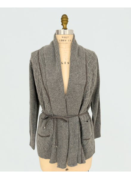 LATTICE DETAIL CARDIGAN: 100% CASHMERE:  GRAY