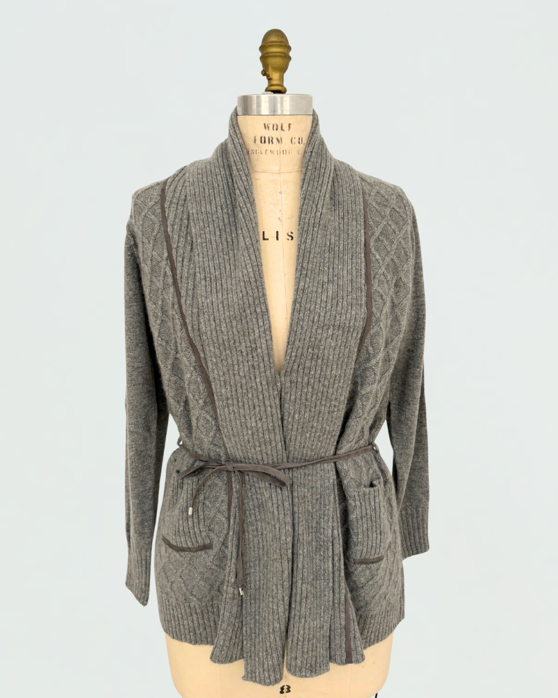 LATTICE DETAIL CARDIGAN: 100% CASHMERE:  GRAY