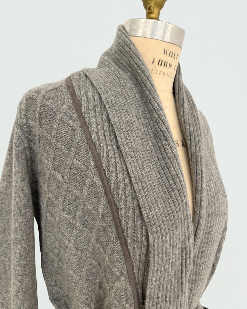 LATTICE DETAIL CARDIGAN: 100% CASHMERE:  GRAY