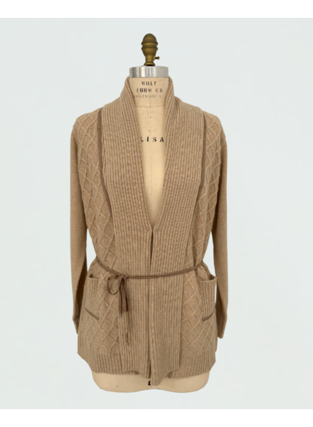 LATTICE DETAIL CARDIGAN: 100% CASHMERE:  CAMEL