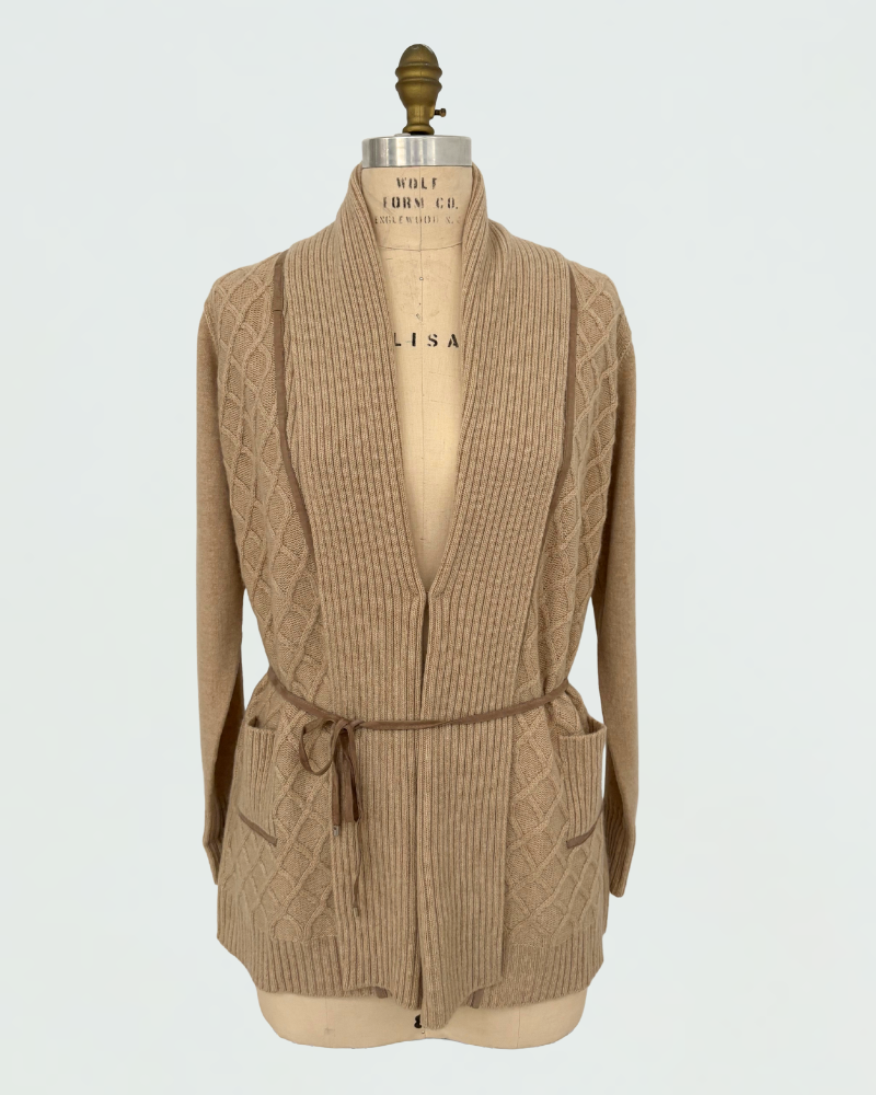 LATTICE DETAIL CARDIGAN: 100% CASHMERE:  CAMEL
