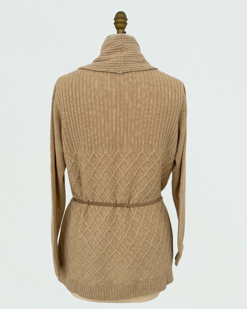 LATTICE DETAIL CARDIGAN: 100% CASHMERE:  CAMEL