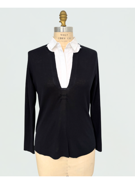 V-NECK SWEATER WITH POPELIN COLLAR: NAVY