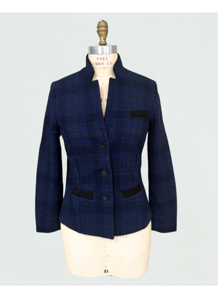 PLAID JACKET WITH KNIT DETAILS : NAVY-BLACK