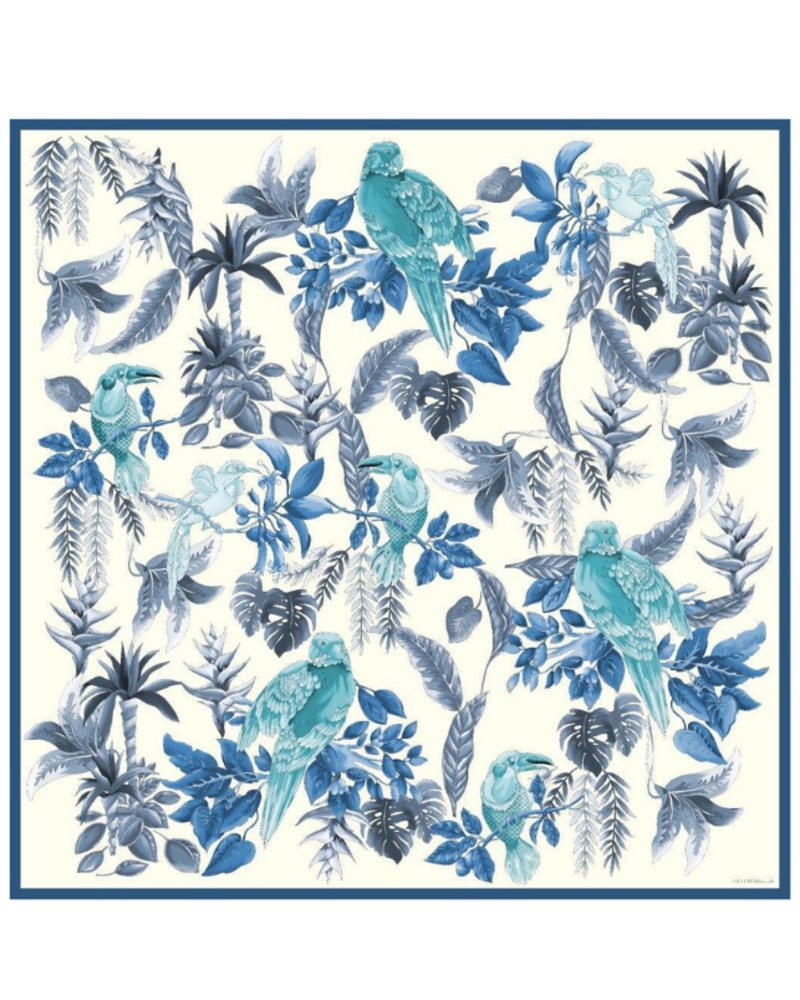 PRINTED CASHMERE PONCHO: BIRDS: TEAL