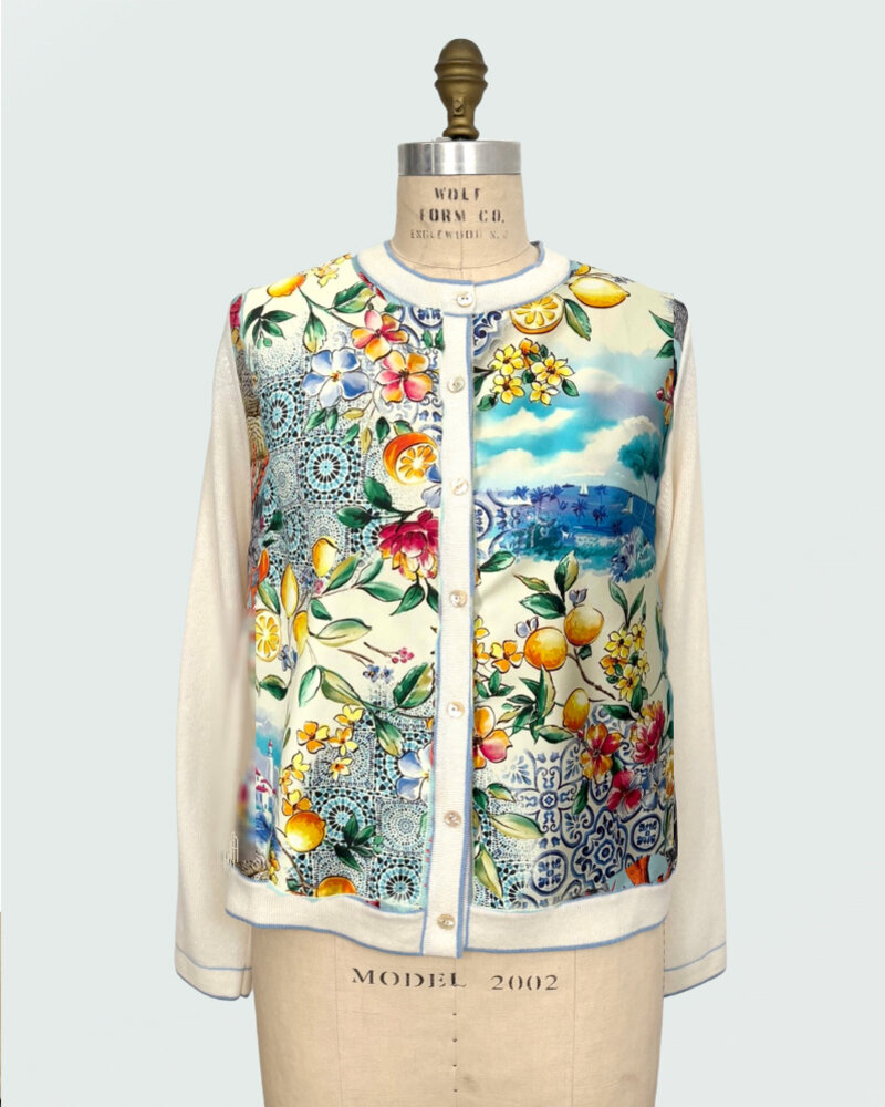CASHMERE KNITTED CARDIGAN WITH CAPRI PRINT: BLUE