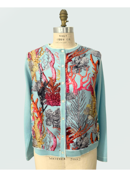 CASHMERE KNITTED CARDIGAN WITH CORAL PRINT: TURQUOISE