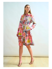SILK SHIRT DRESS WITH BELT PRINT: CORAL: PINK