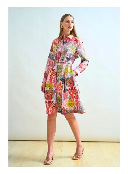 SILK SHIRT DRESS WITH BELT PRINT: CORAL: PINK