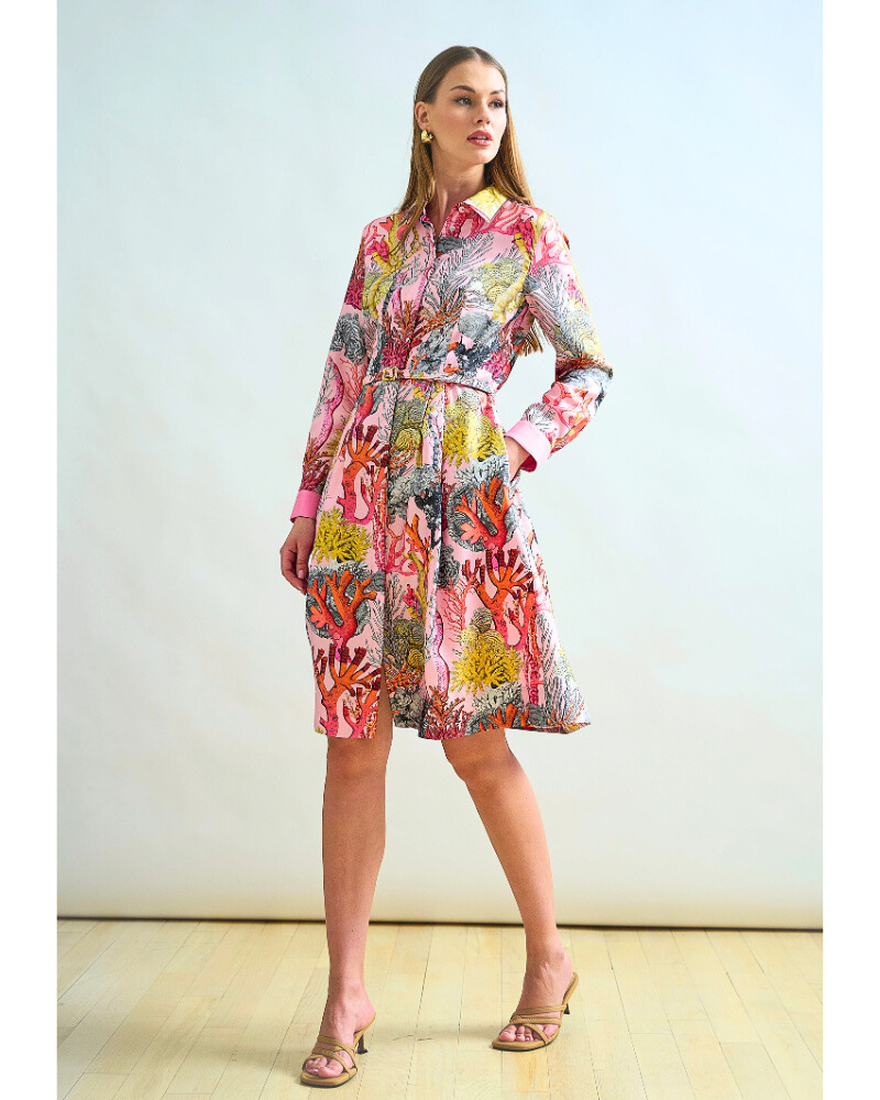 SILK SHIRT DRESS WITH BELT PRINT: CORAL: PINK