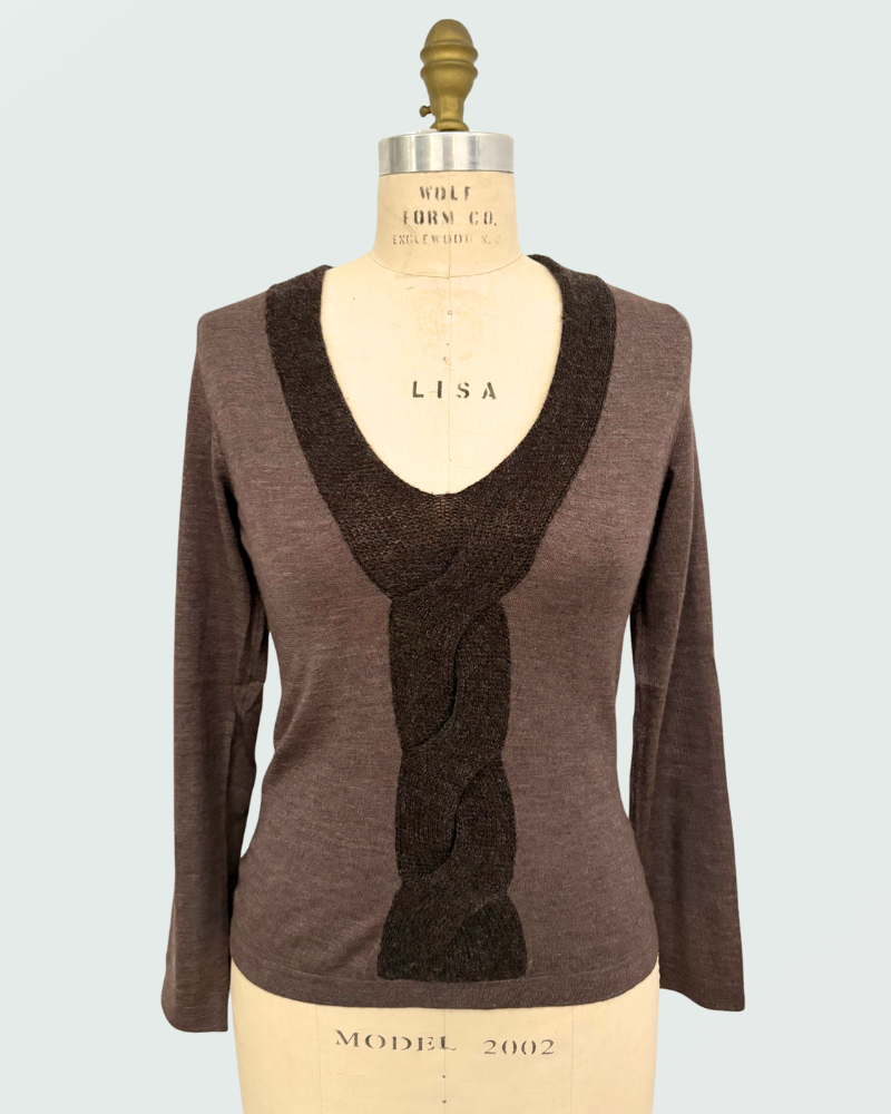 NECK WITH CABLE: SUPERFINE CASHMERE WITH KNIT CABLE: BROWN