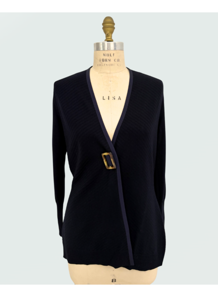 KNIT CARDIGAN WITH GROSGRAIN: NAVY