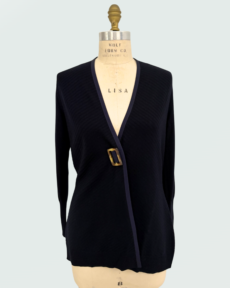 KNIT CARDIGAN WITH GROSGRAIN: NAVY