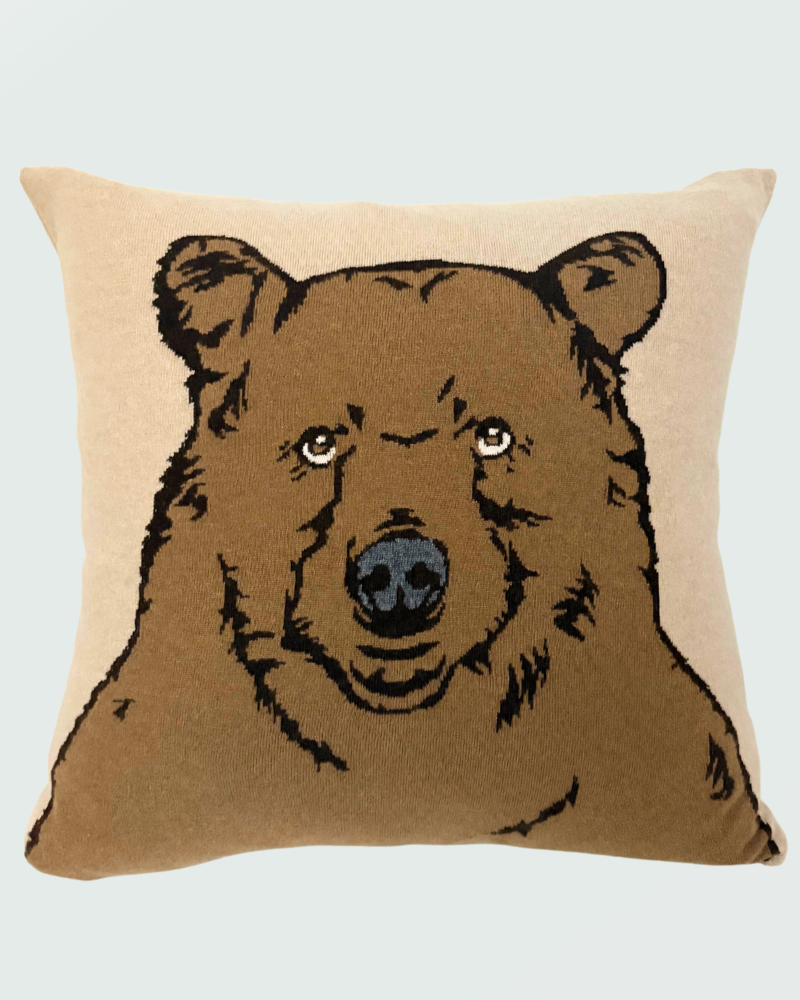 CASHMERE BLEND BEAR PILLOW: 21" X 21": BEIGE-TABACCO