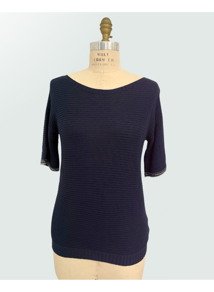 COTTON-SILK SS PULLOVER W/ BEADED FRINGE SLEEVE TRIM: NAVY