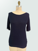 COTTON-SILK SS PULLOVER W/ BEADED FRINGE SLEEVE TRIM: NAVY