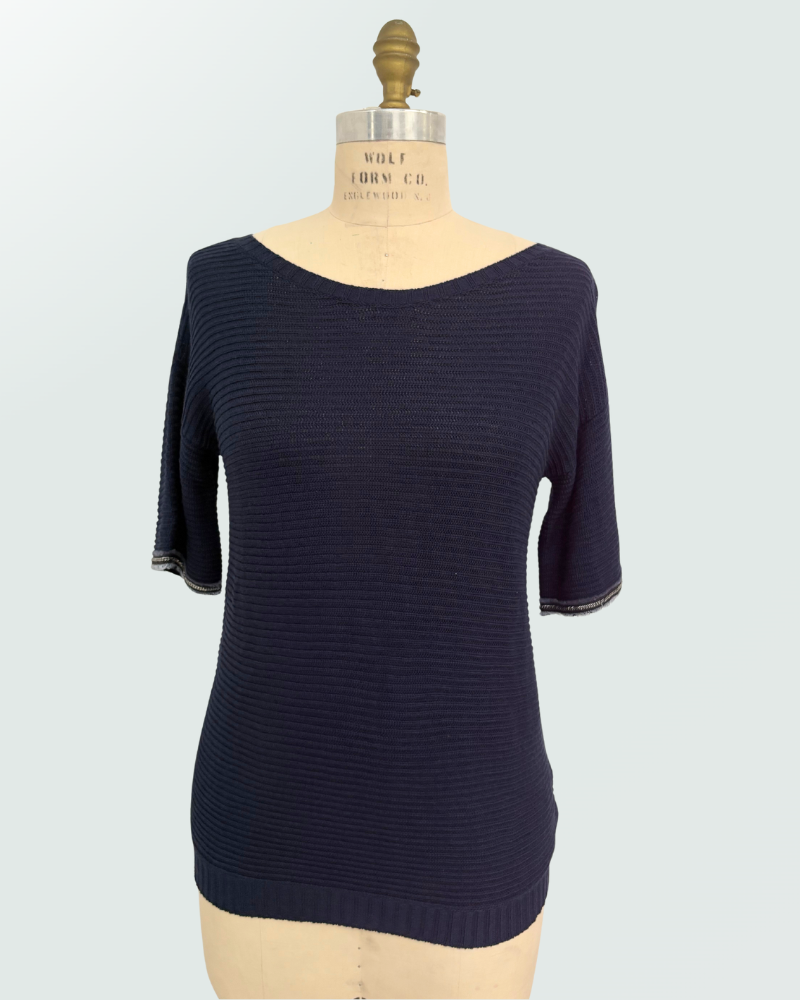 COTTON-SILK SS PULLOVER W/ BEADED FRINGE SLEEVE TRIM: NAVY