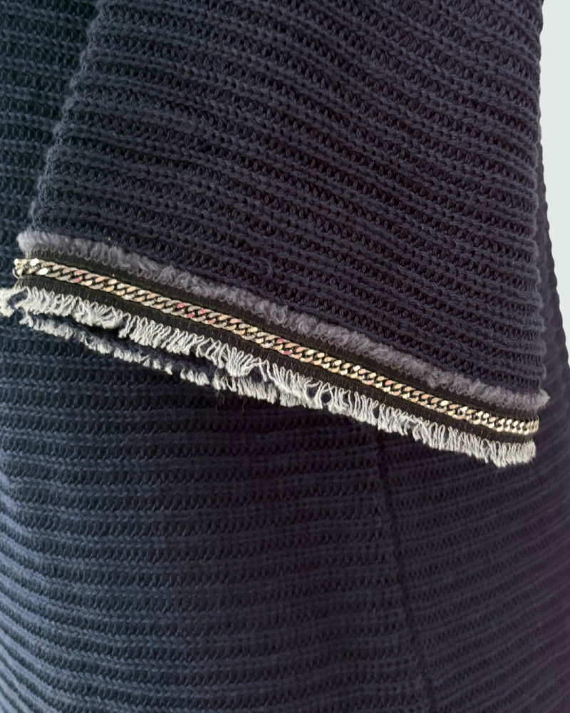 COTTON-SILK SS PULLOVER W/ BEADED FRINGE SLEEVE TRIM: NAVY