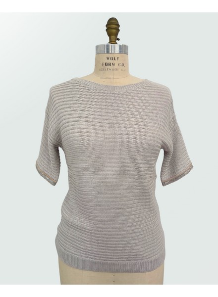 COTTON-SILK SS PULLOVER W/ BEADED FRINGE SLEEVE TRIM: LOTUS