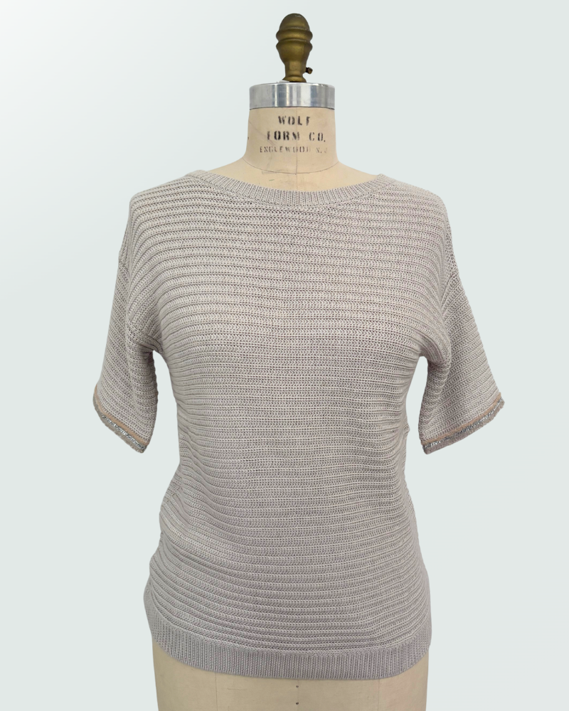 COTTON-SILK SS PULLOVER W/ BEADED FRINGE SLEEVE TRIM: LOTUS