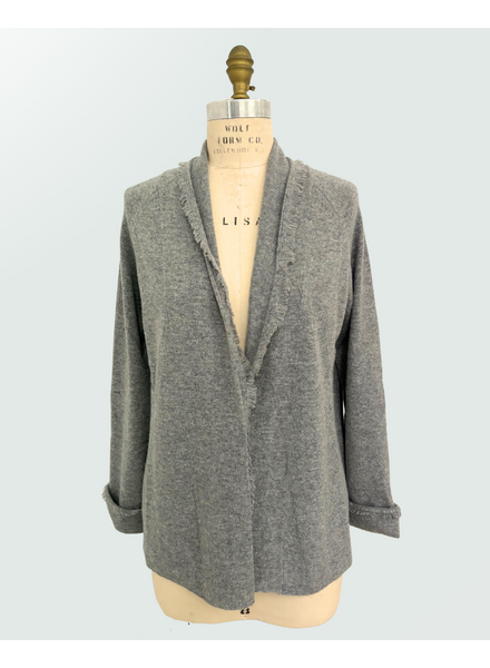 CASHMERE OPEN CARDIGAN W/ FRINGES: GRAY
