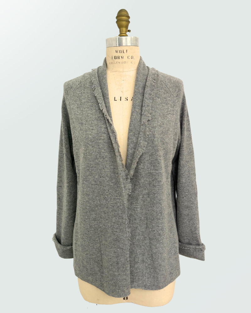 CASHMERE OPEN CARDIGAN W/ FRINGES: GRAY