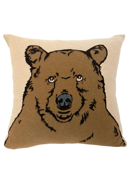 CASHMERE BLEND BEAR PILLOW: 21" X 21": BEIGE-TABACCO
