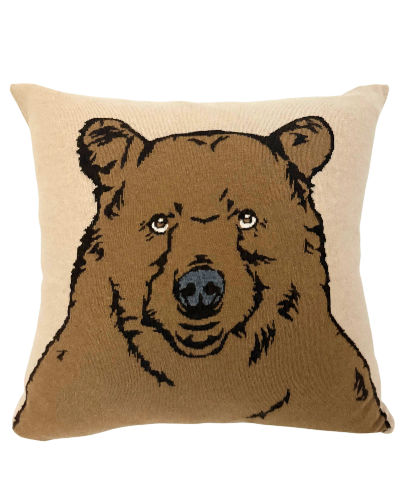 CASHMERE BLEND BEAR PILLOW: 21" X 21": BEIGE-TABACCO