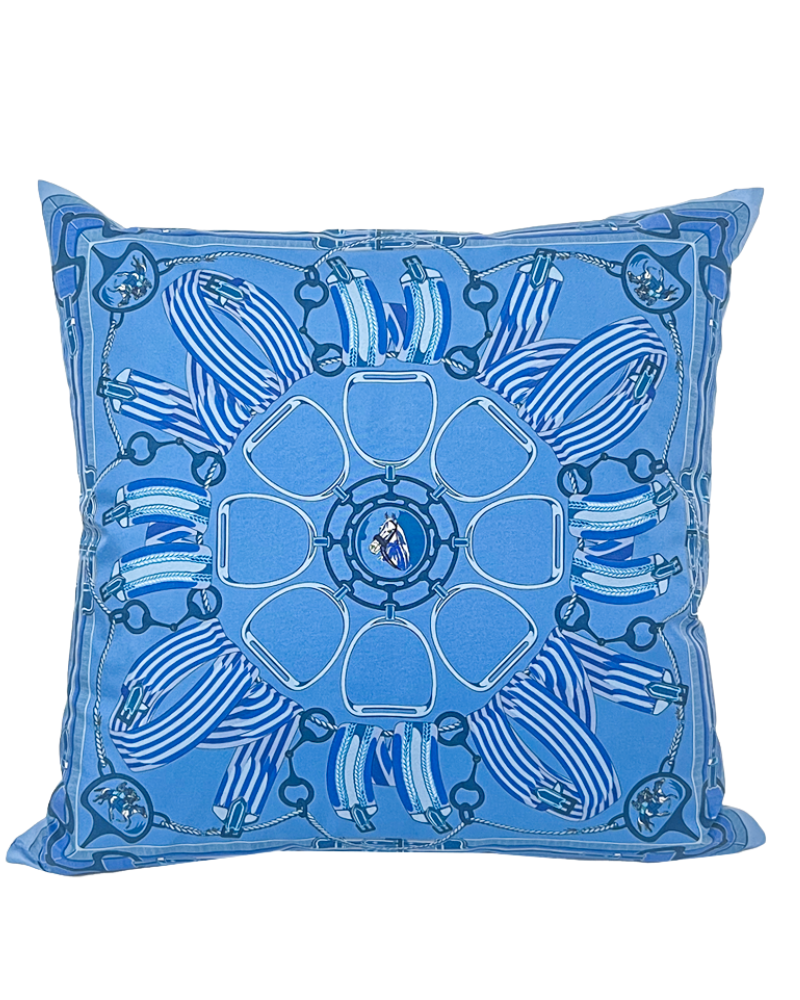 SILK PRINTED PILLOW ON BOTH SIDE: 16" X 16": STIRRUPS: OCEAN BLUE
