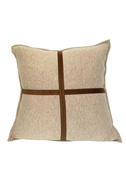PALERMO CASHMERE PILLOW WITH CROSS SUEDE: 21" X 21": TAUPE