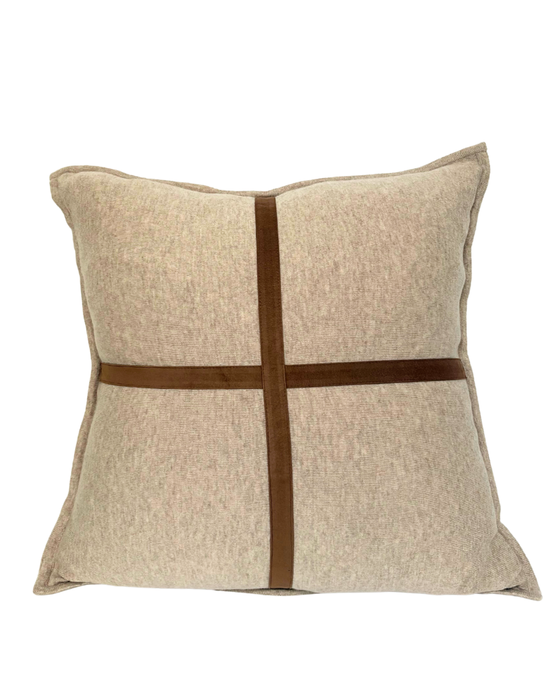 PALERMO CASHMERE PILLOW WITH CROSS SUEDE: 21" X 21": TAUPE
