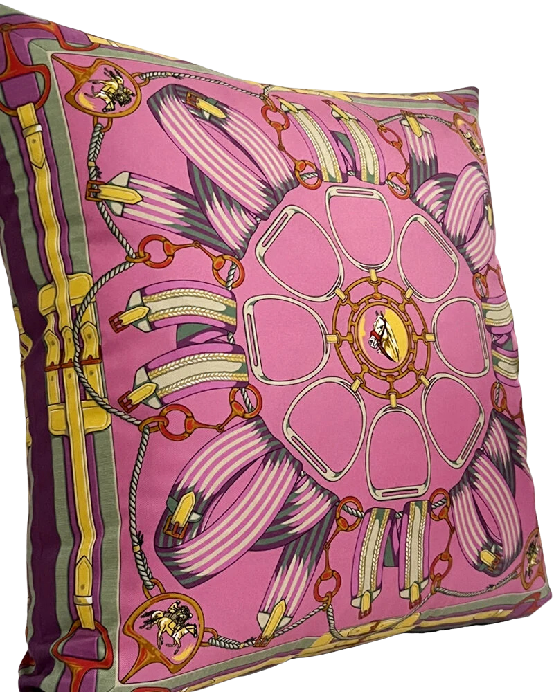SILK PRINTED PILLOW ON BOTH SIDE: 16" X 16": STIRRUPS: FLAMINGO