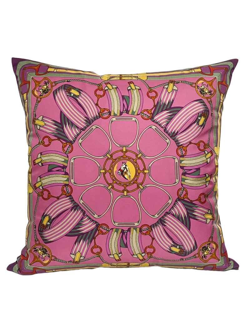 SILK PRINTED PILLOW ON BOTH SIDE: 16" X 16": STIRRUPS: FLAMINGO