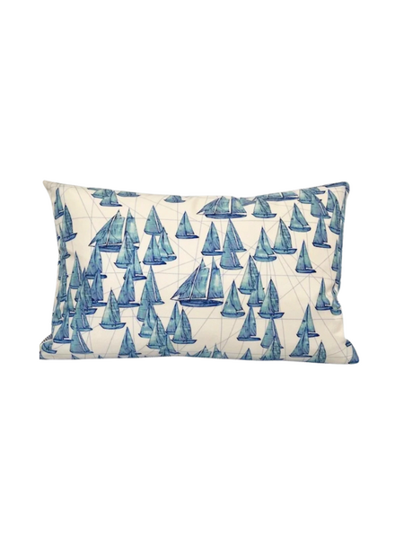 SILK PRINTED PILLOW: BOAT/ ZIG ZAG : BLUE 12"X18"
