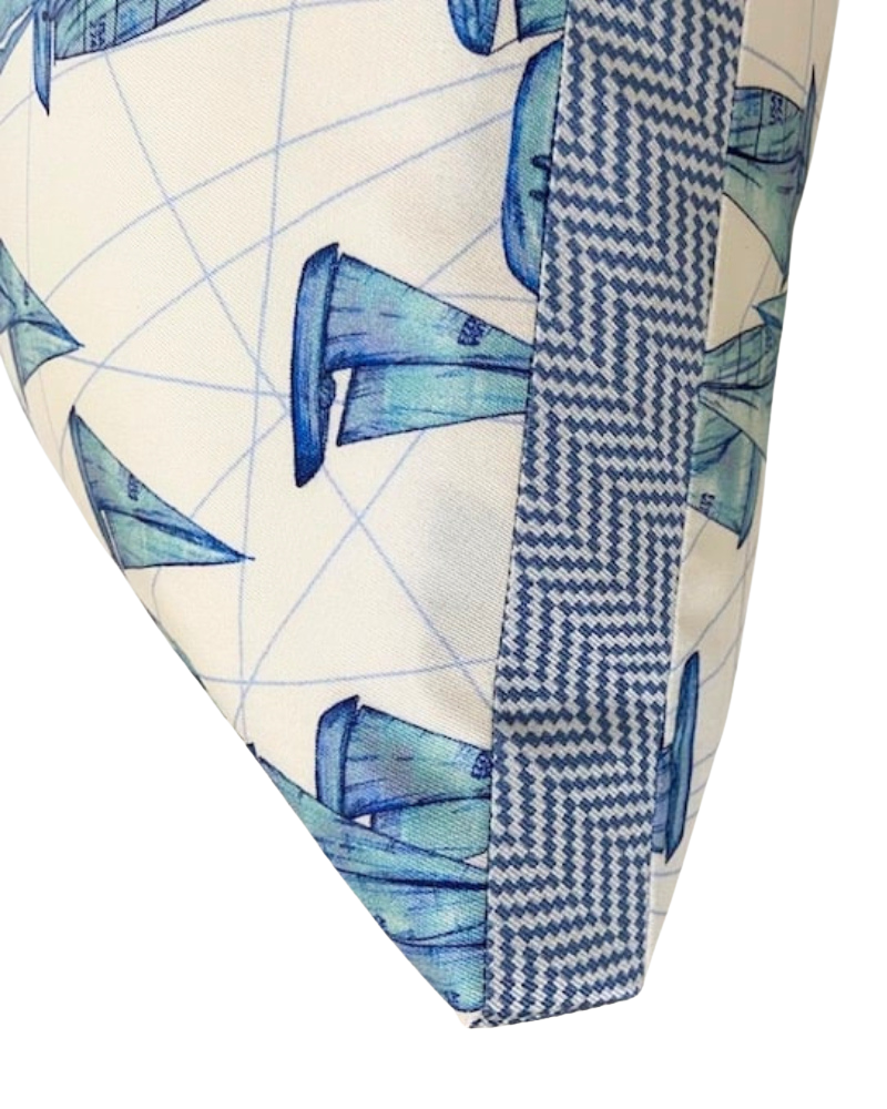 SILK PRINTED PILLOW: BOAT/ ZIG ZAG : BLUE 12"X18"