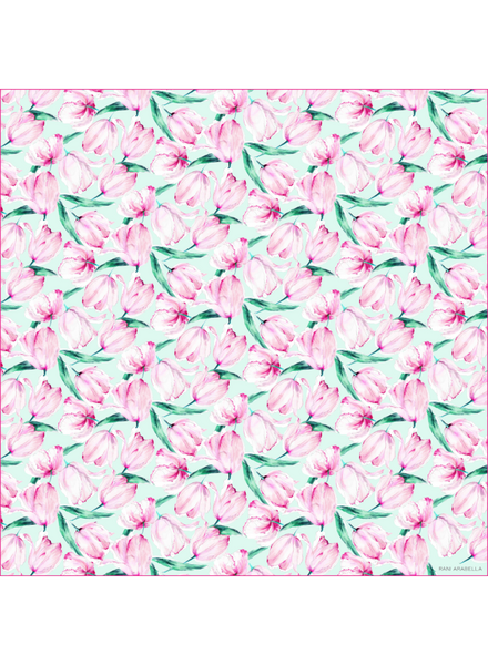 CASHMERE PRINTED SCARF: TULIPS: AQUA PINK