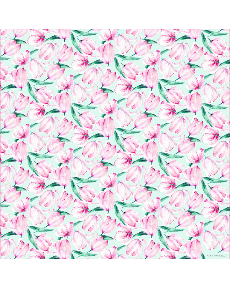 CASHMERE PRINTED SCARF: TULIPS: AQUA PINK