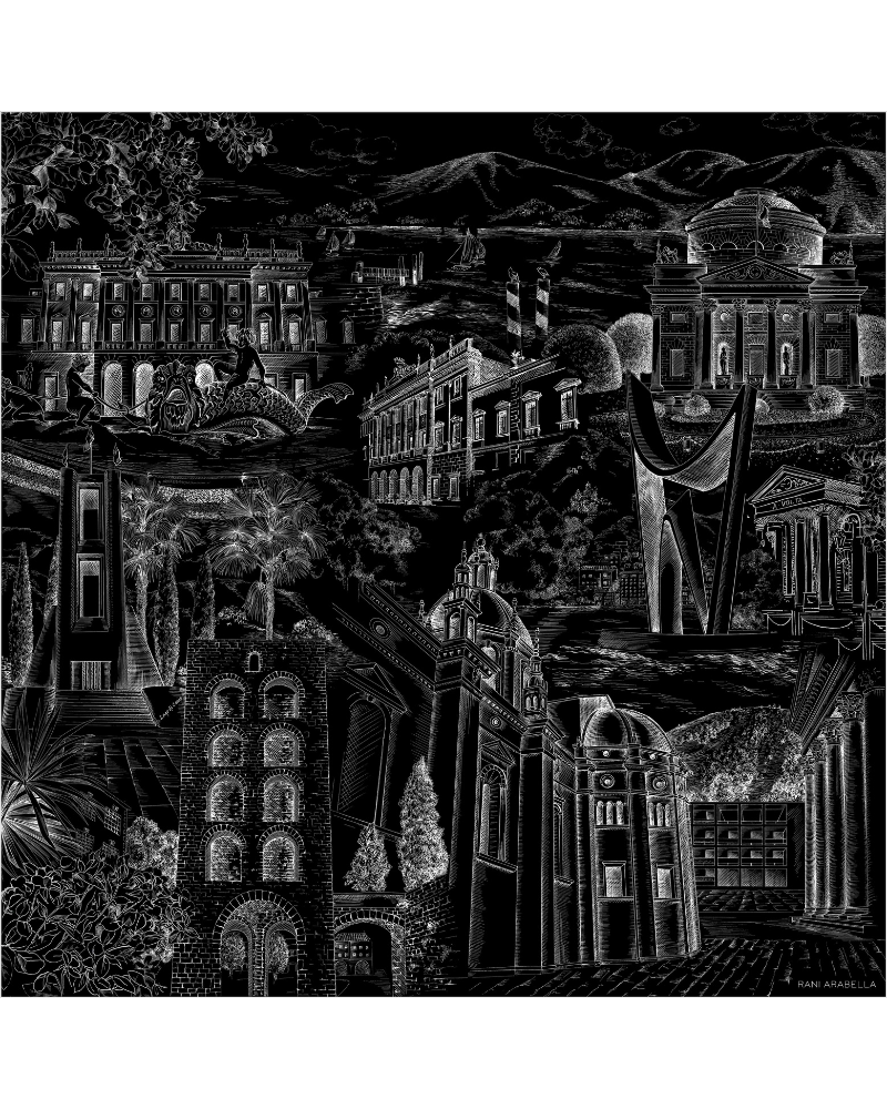 CASHMERE PRINTED PONCHO: MODERN COMO: BLACK