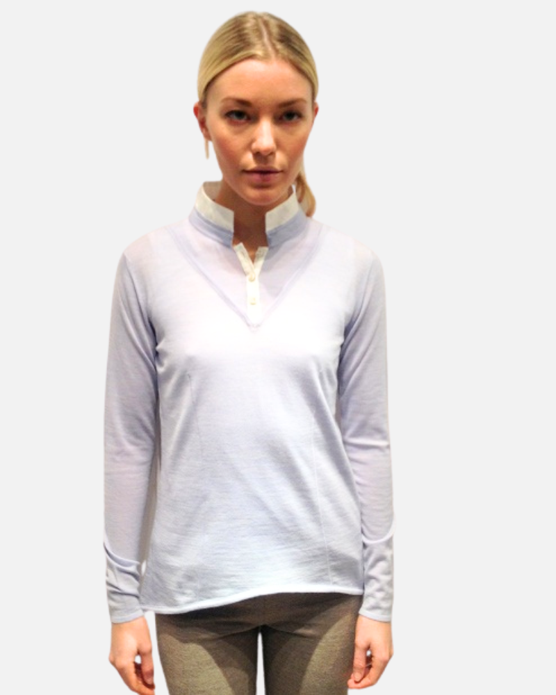 POPELINE COLLAR ASYMMETRICAL SWEATER: LIGHT BLUE