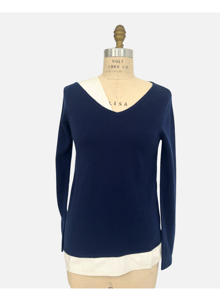 ASYMMETRICAL TUNIC W/ POPELINE DETAIL: 100% CASHMERE: NAVY