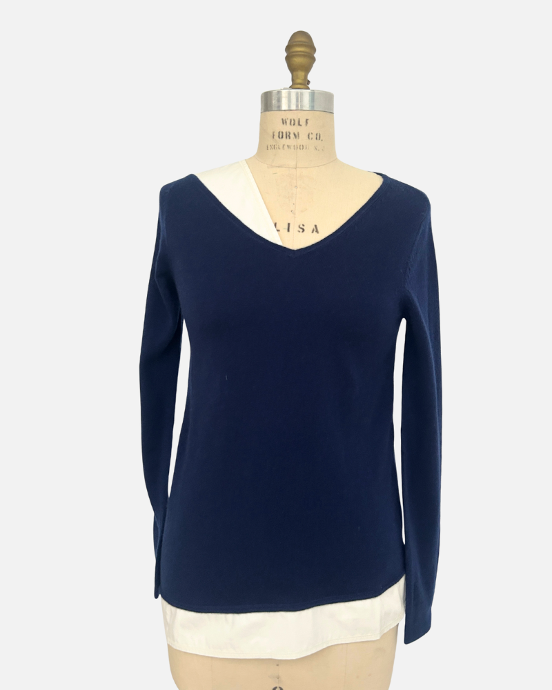 ASYMMETRICAL TUNIC W/ POPELINE DETAIL: 100% CASHMERE: NAVY
