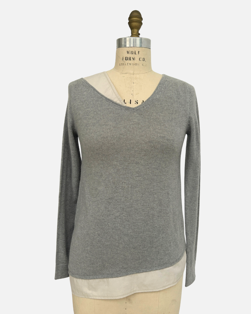 ASYMMETRICAL TUNIC W/ POPELINE DETAIL: 100% CASHMERE: GRAY
