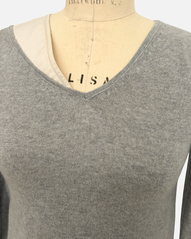 ASYMMETRICAL TUNIC W/ POPELINE DETAIL: 100% CASHMERE: GRAY