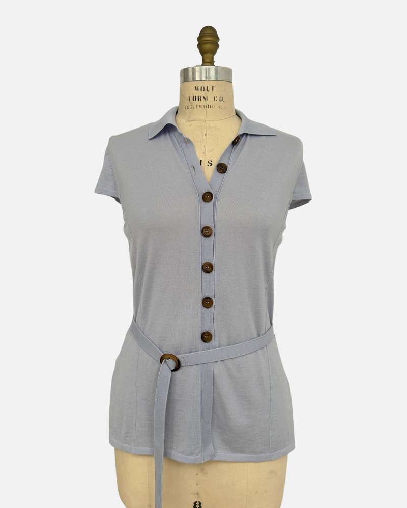 SHORT SLEEVES BELTED TUNIC, LIGHT BLUE