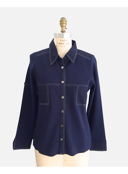 KNIT SHIRT WITH COTTON FABRIC DETAILS ON COLLAR, CUFF AND PLACKET: NAVY BLUE