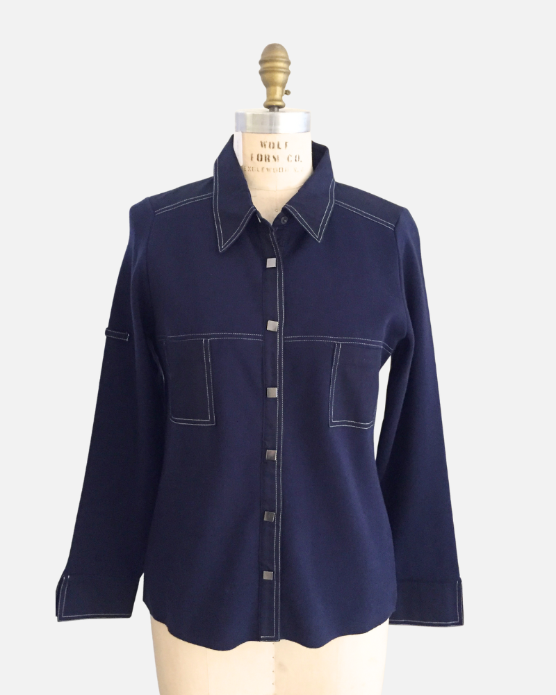 KNIT SHIRT WITH COTTON FABRIC DETAILS ON COLLAR, CUFF AND PLACKET: NAVY BLUE
