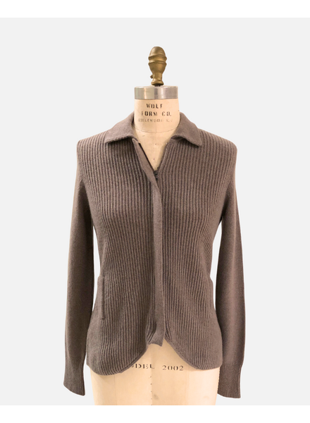 CASHMERE RIB KNIT JACKET ZIP SWEATER: CLAY