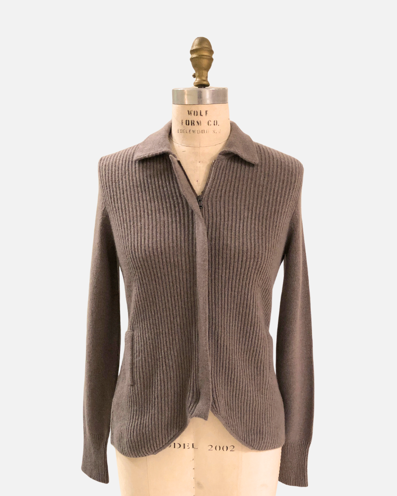 CASHMERE RIB KNIT JACKET ZIP SWEATER: CLAY